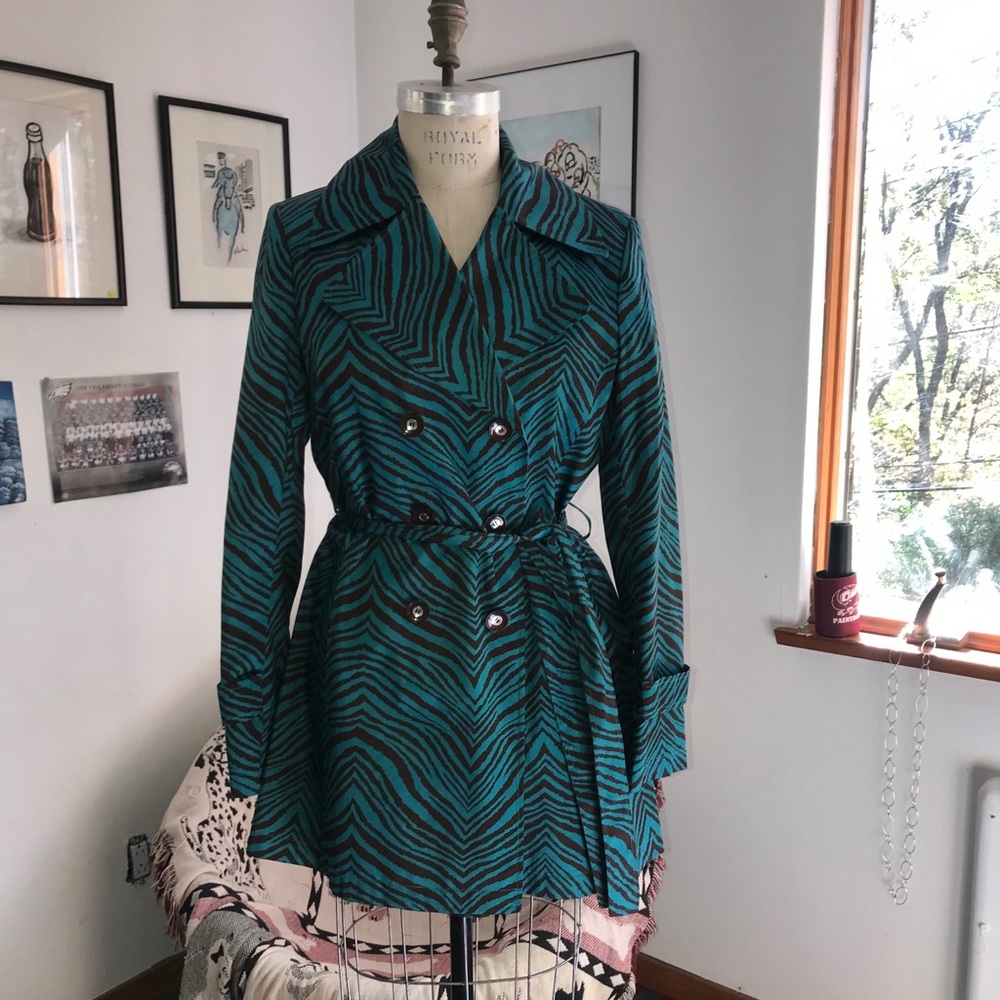 VIA SPIGA Teal/brown Zebra-Print Short TRENCH coat!! Size Medium!